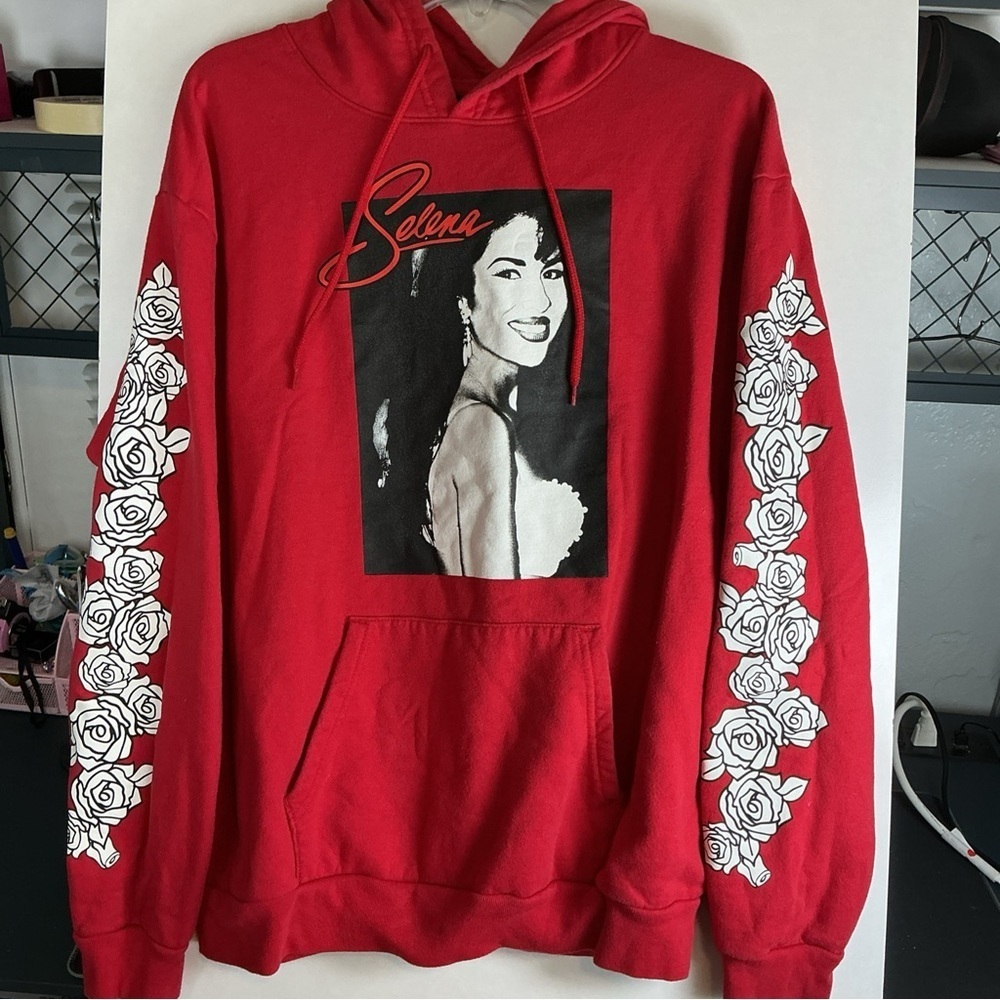 Red Graphic Hoodie with Floral Sleeve Design A0429